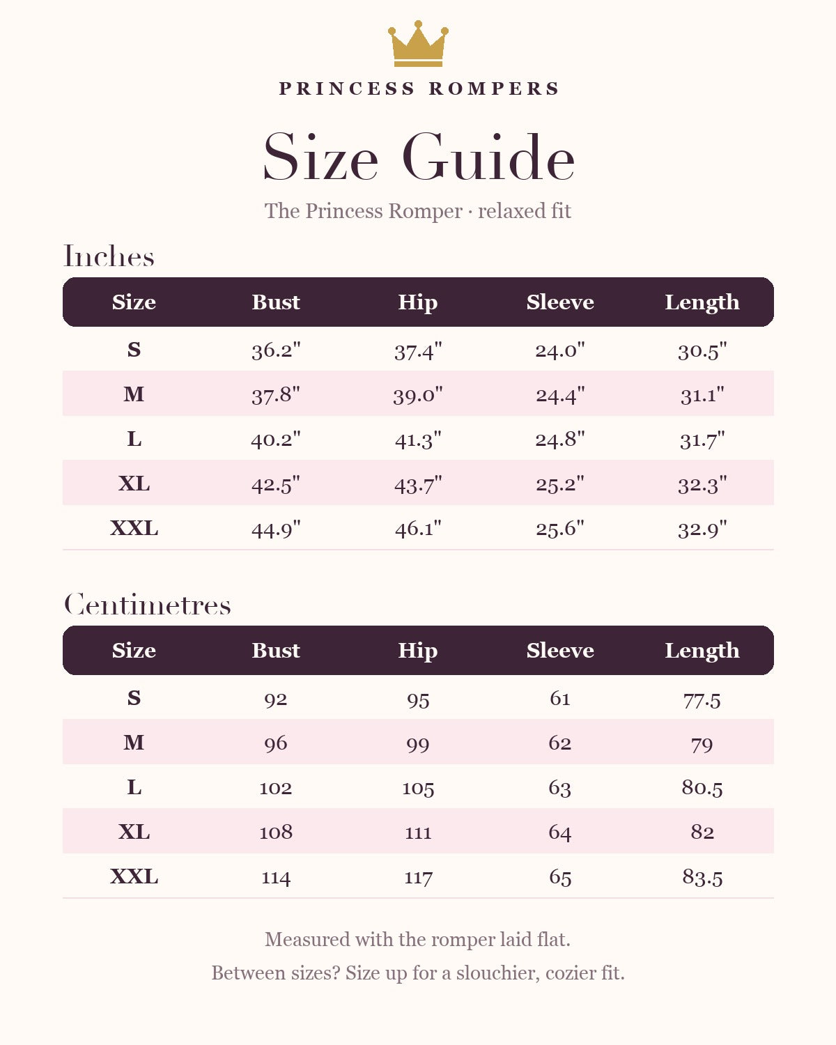 Princess Rompers size guide